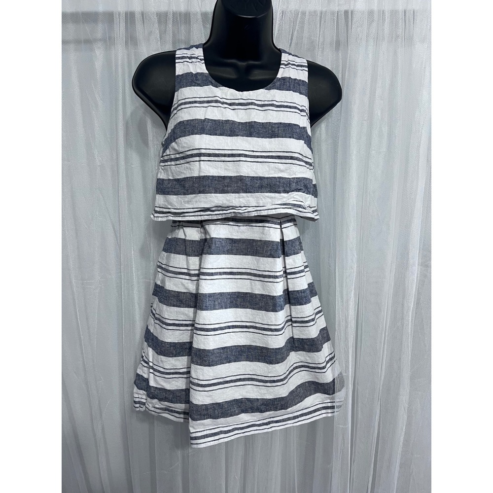Ann Taylor LOFT Petites Navy White Striped Linen‎ Blend Cutout Back Dress 0P